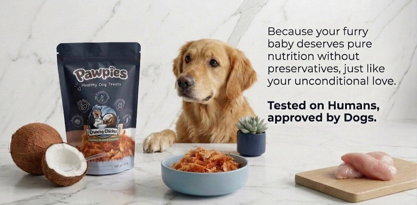 A golden retriever sits behind a bowl of dog food and a bag of Rempies healthy dog treats on a white marble surface, with coconuts, raw chicken, and a small plant in the scene. Text on the right reads, 'Because your furry baby deserves pure nutrition without preservatives, just like your unconditional love.

