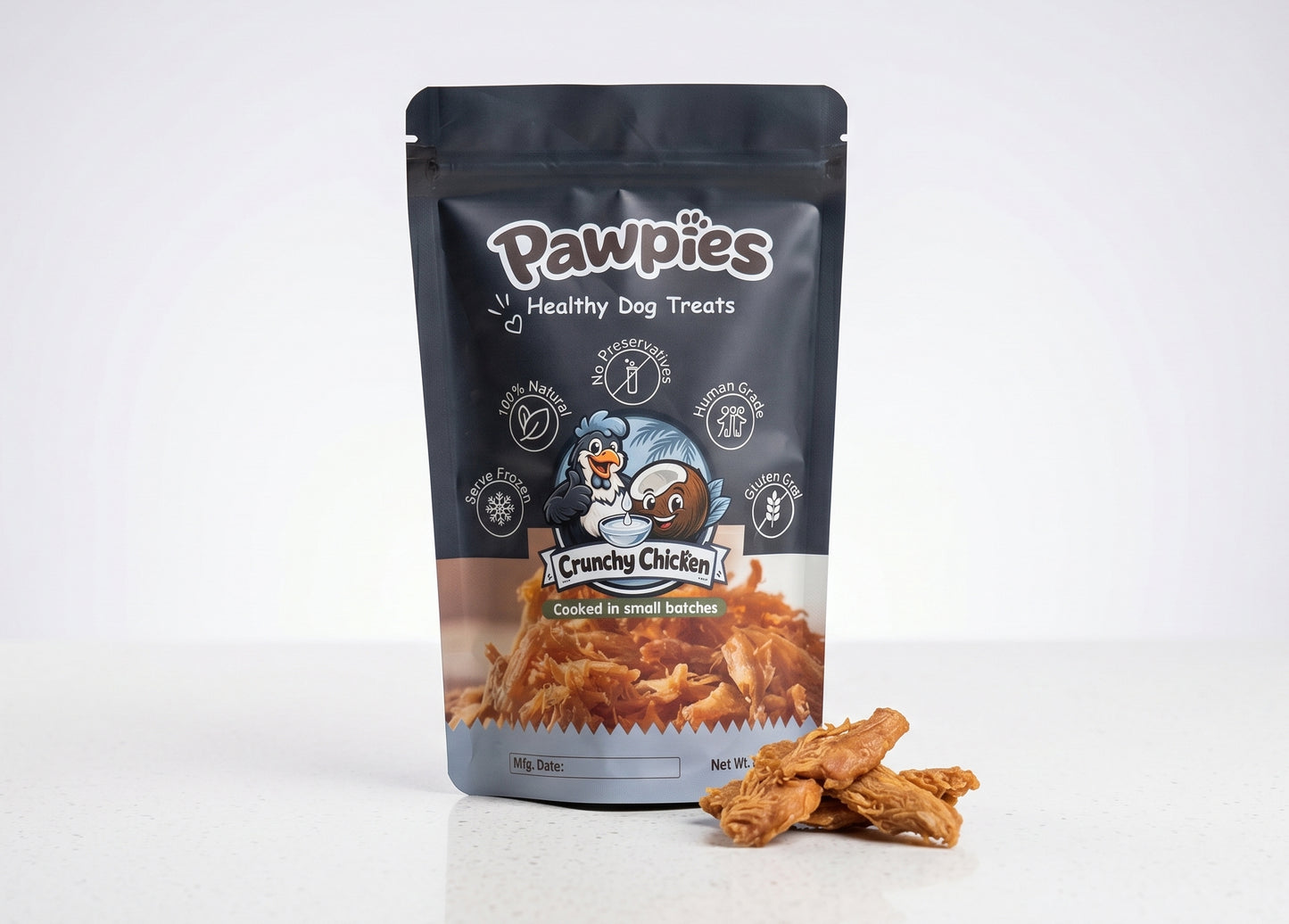 Pawpies healthy dog treats packaging with treats on a white background

