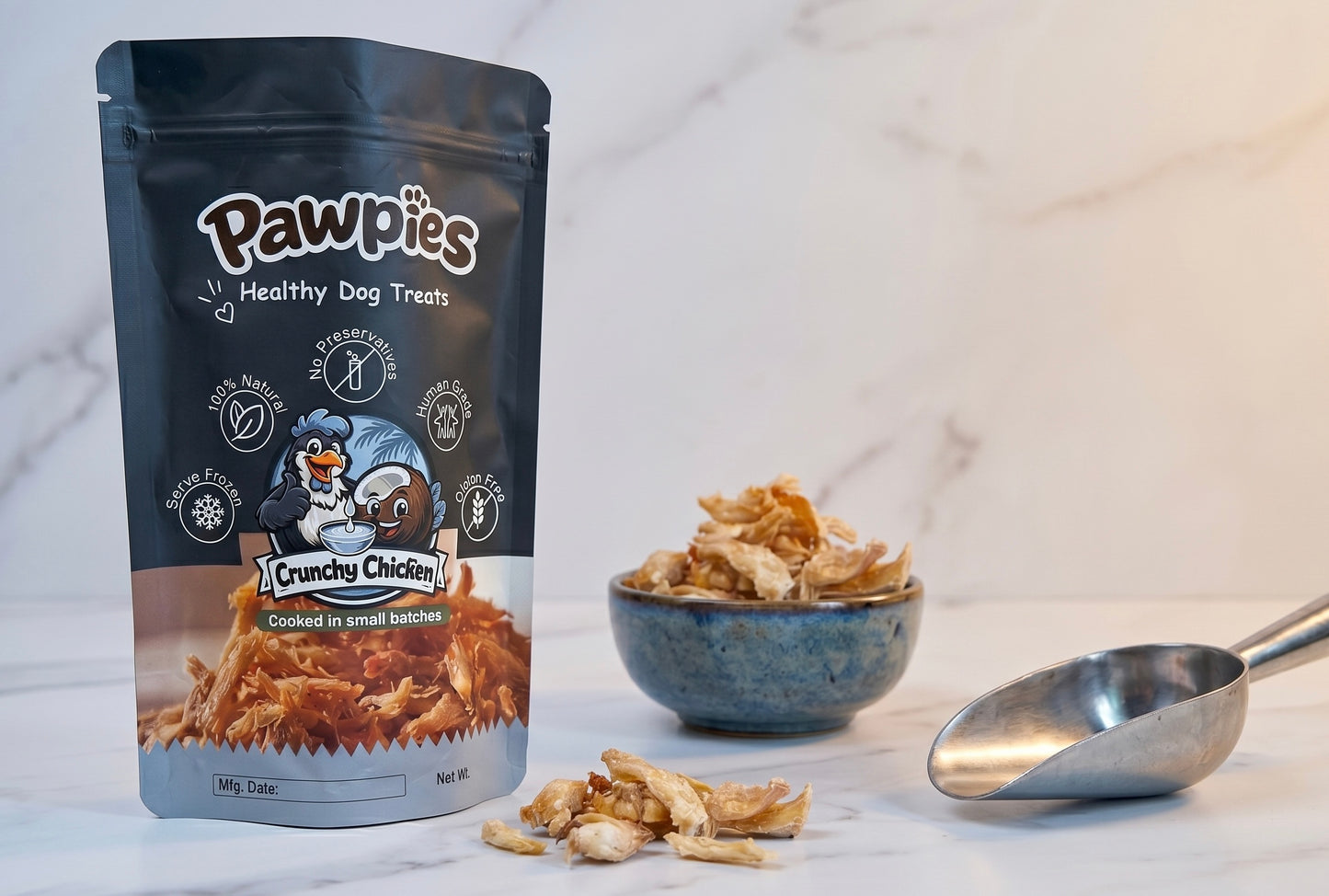 Pawpies healthy dog treats packaging with treats in a bowl and scoop on a white background

